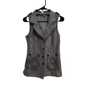 Made in Korea Button Front Pockets Back Tie Shiny Sleeveless Vest Trendy Modern